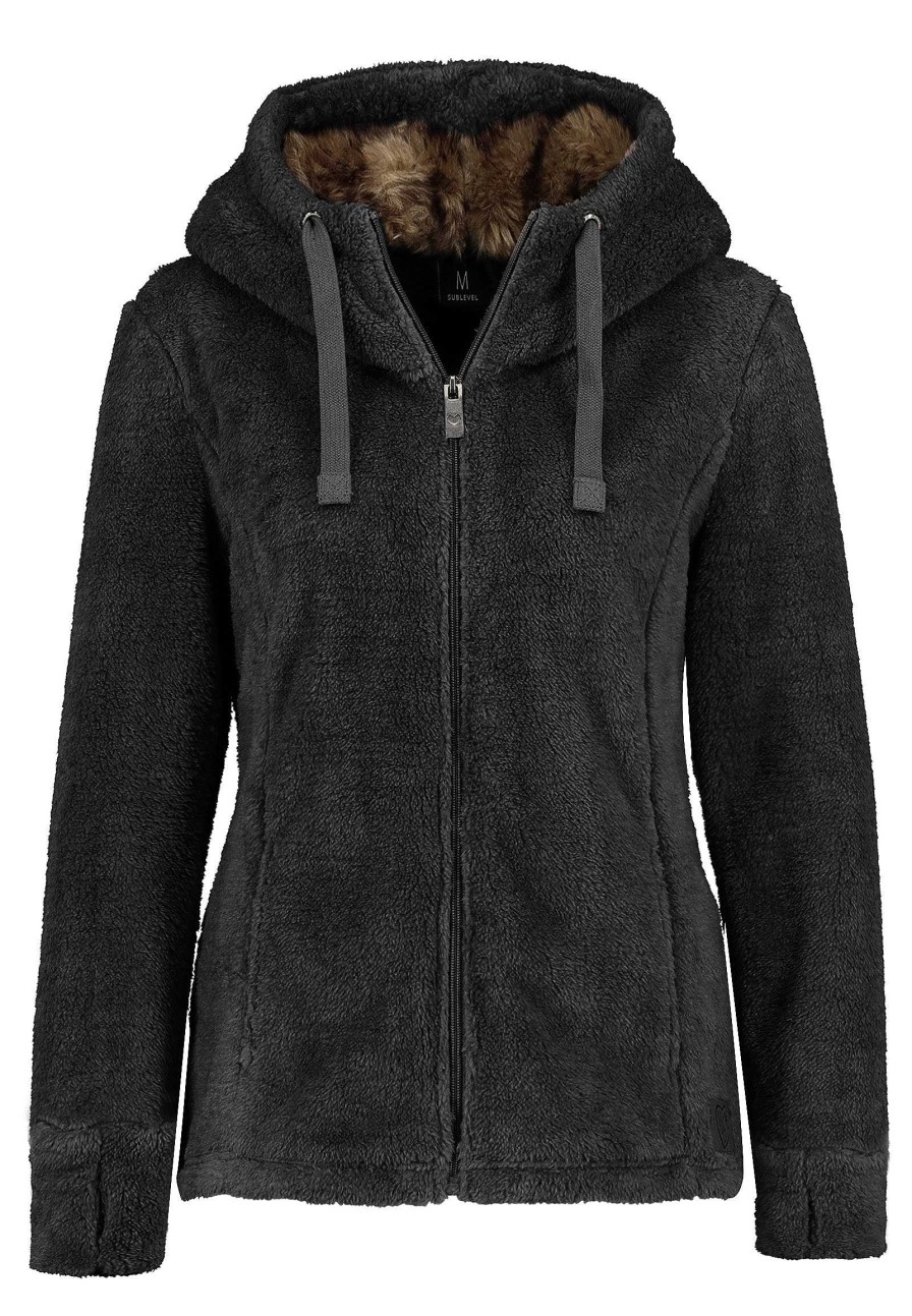 Women SUBLEVEL Jackets | Women'S Fleece Jacket With Faux Fur Black