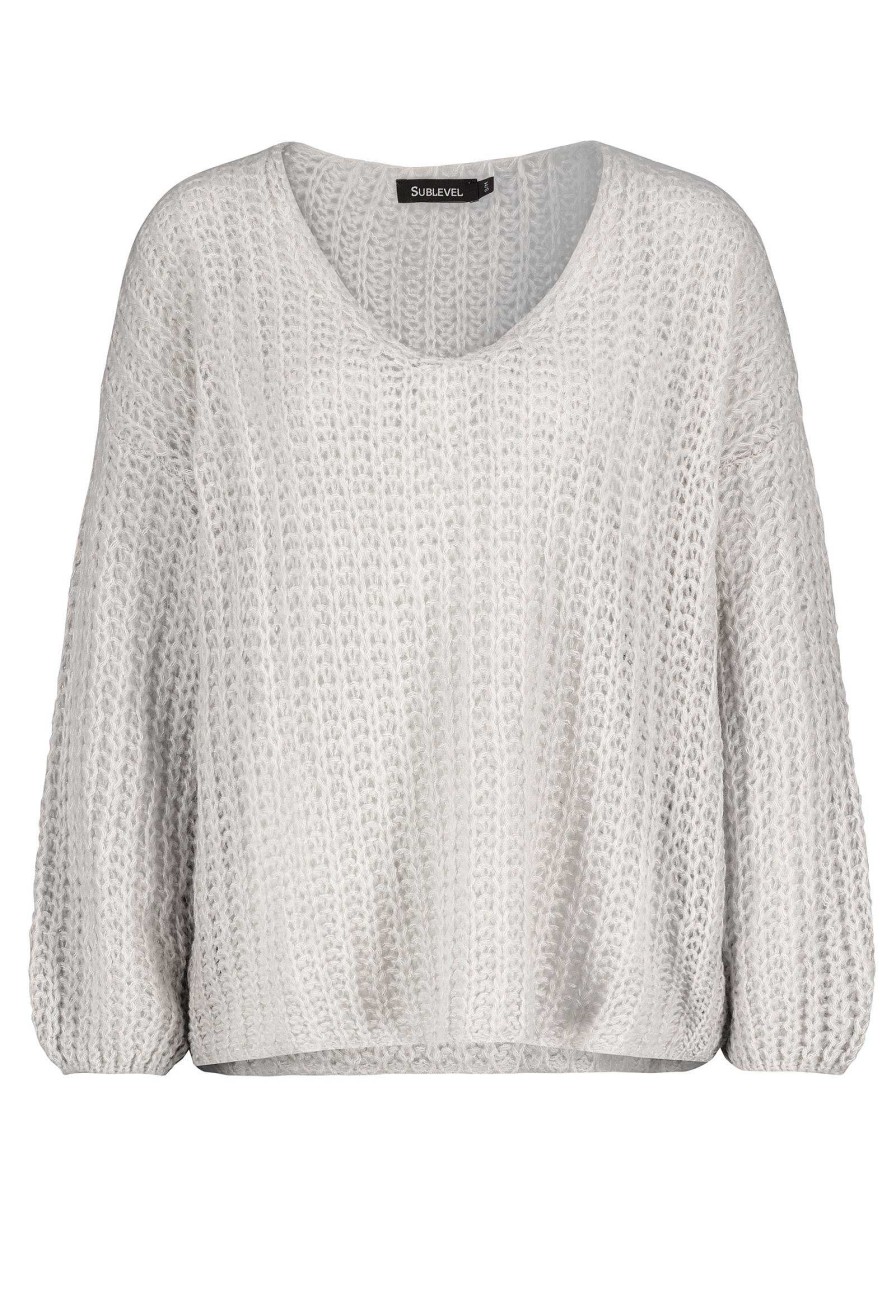 Women SUBLEVEL Pullover | V-Neck Knitted Sweater Light Grey