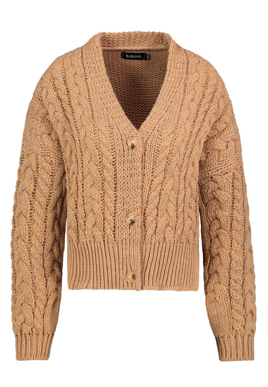 Women SUBLEVEL Pullover | Short Chunky Knit Cardigan Brown