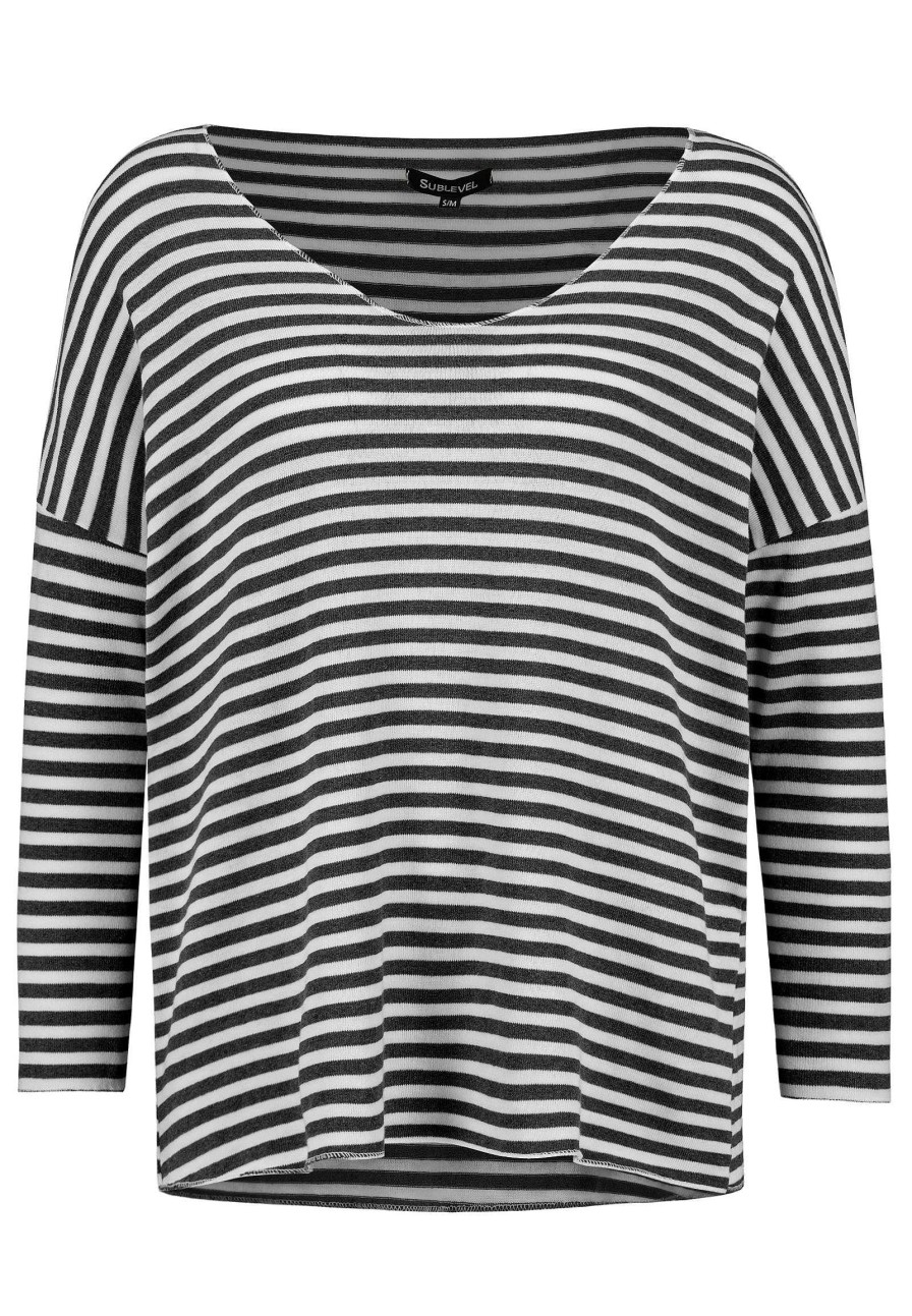 Women SUBLEVEL Pullover | Striped Fine Knit Sweater Black