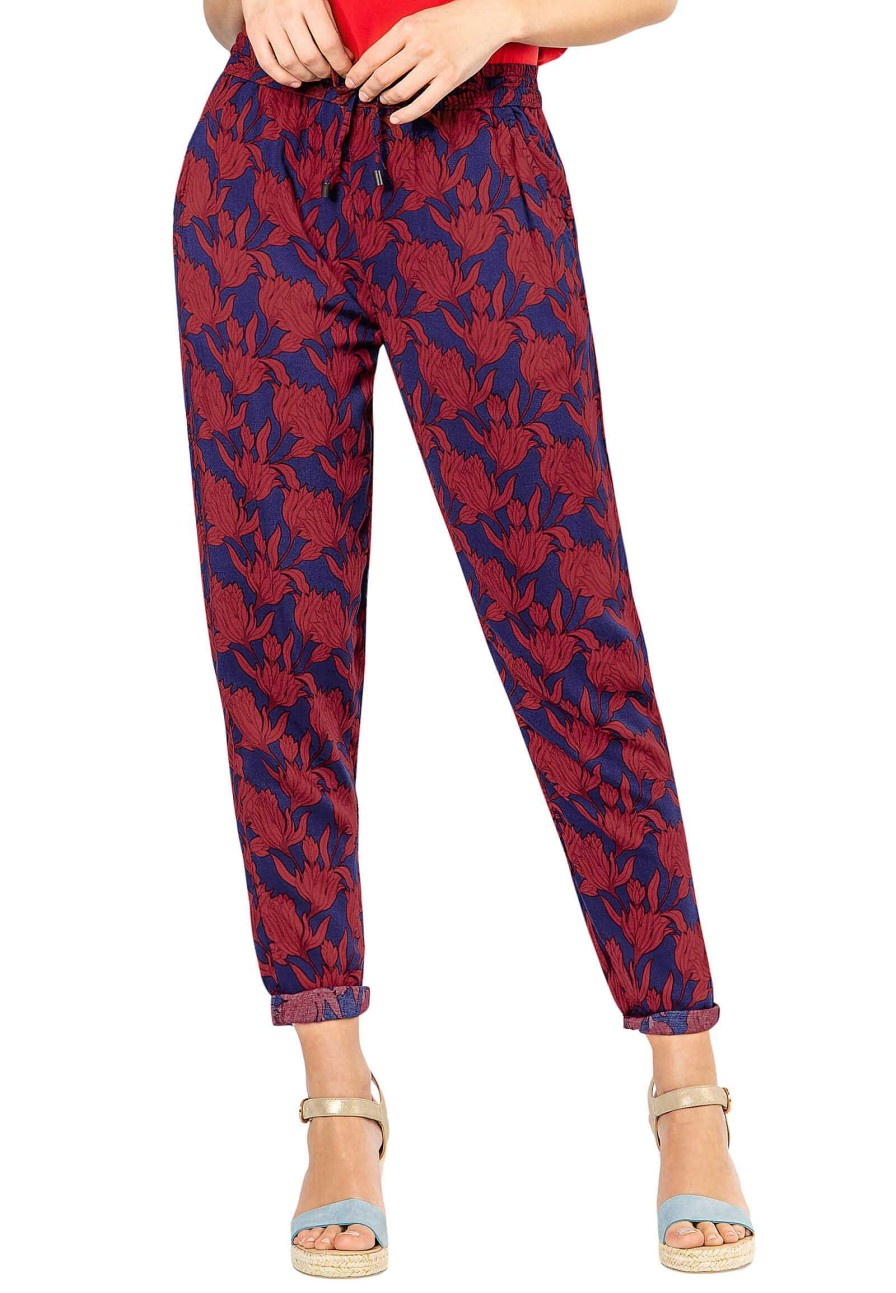 Women SUBLEVEL Pants | Patterned Fabric Trousers With Elastic Waistband Dark Red