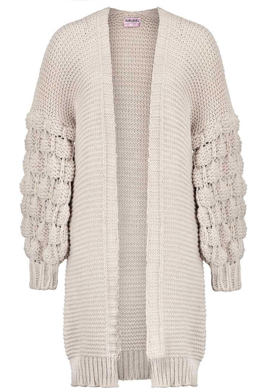 Women SUBLEVEL Pullover | Chunky Knit Cardigan With Bubble Sleeves Light Beige