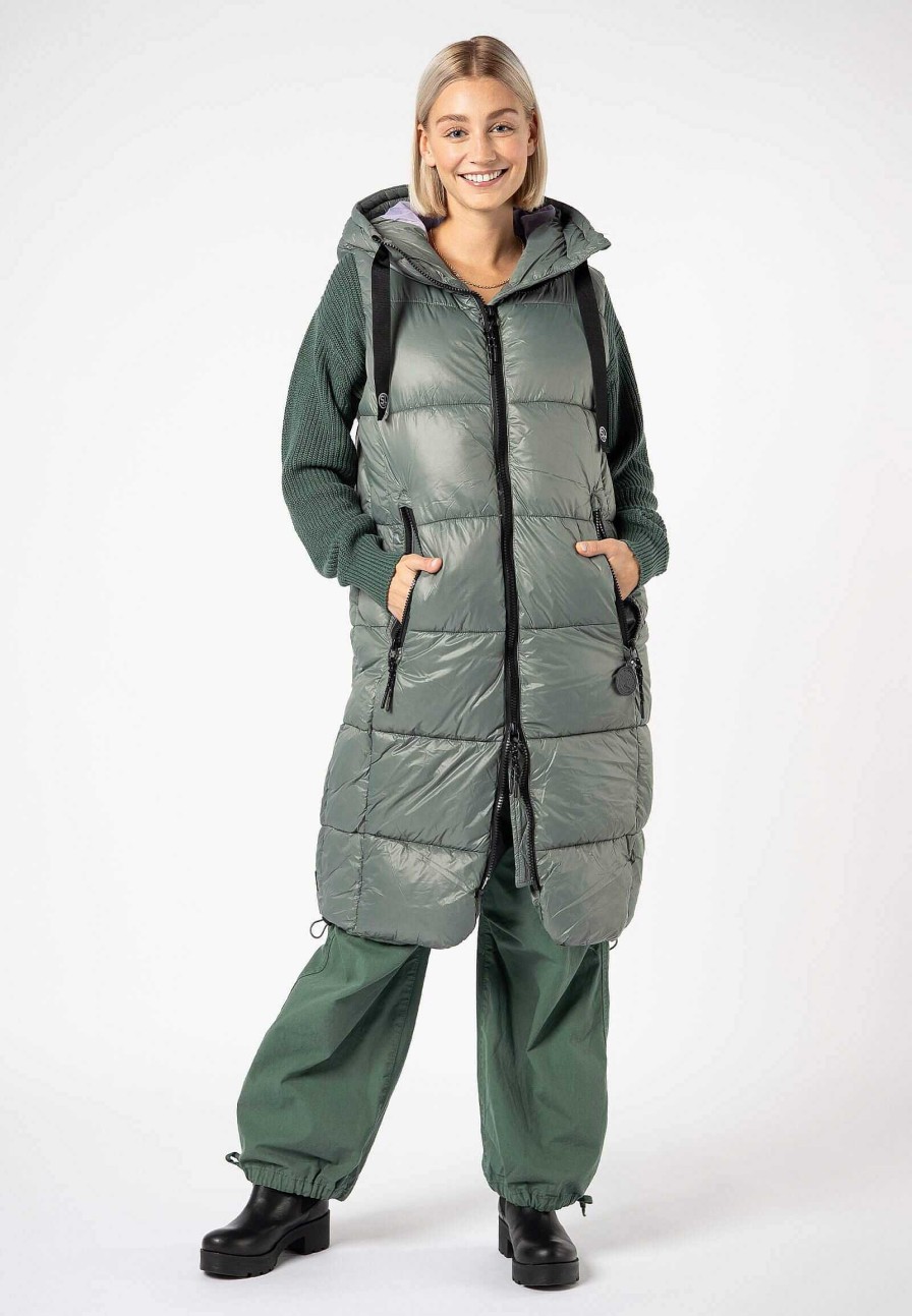 Women SUBLEVEL Popular | Long Hooded Quilted Vest Light Green