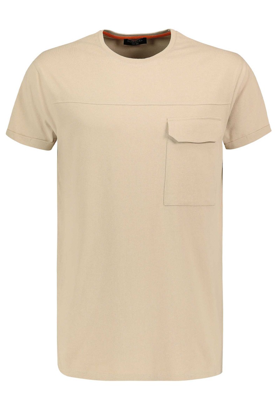 Men SUBLEVEL Shirts | Round Neck Shirt With Chest Pocket Beige