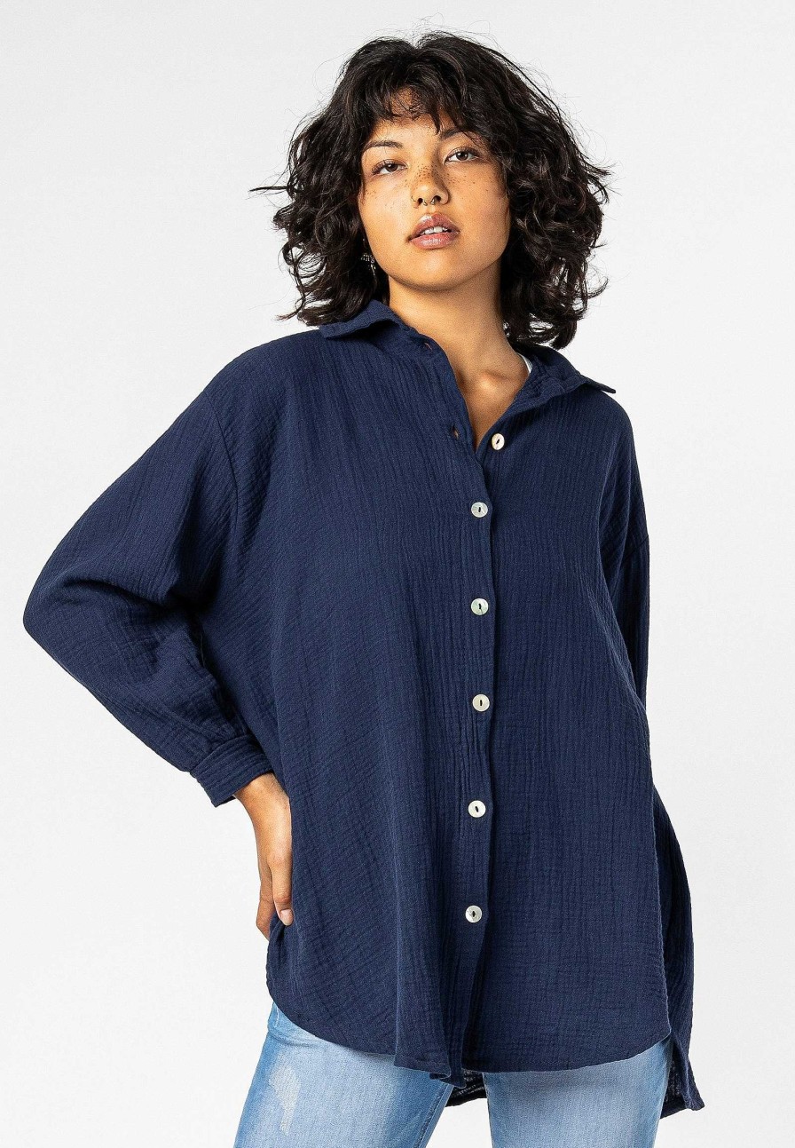 Women SUBLEVEL Popular | Muslin Long Blouse Dark Blue