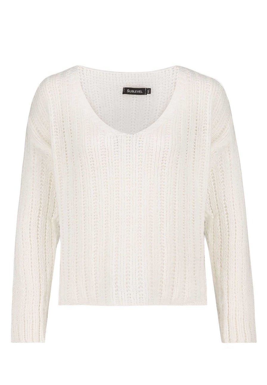 Women SUBLEVEL Pullover | Short Knitted Sweater White