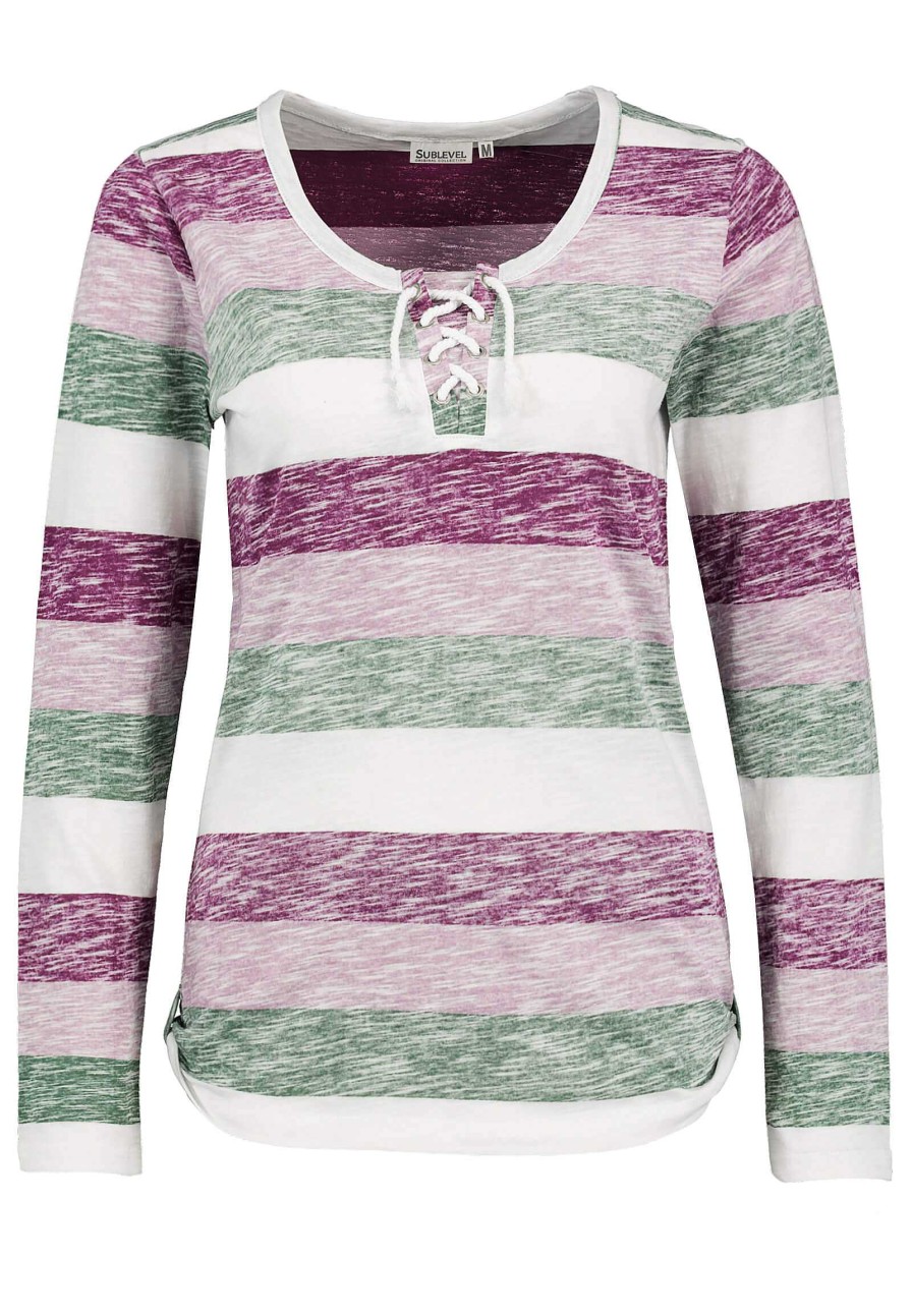 Women SUBLEVEL Long Sleeves | Striped Longsleeve With Drawstrings Purple